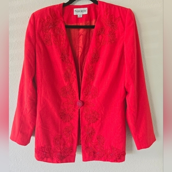 John Meyer Jacket Women Sz 10 Pink Long Sleeve One Button Embroidered Collarless - Picture 10 of 15